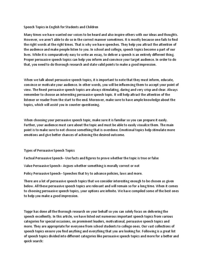 Speech Topics In English For Students And Children | PDF | Test (Assessment) | Speech