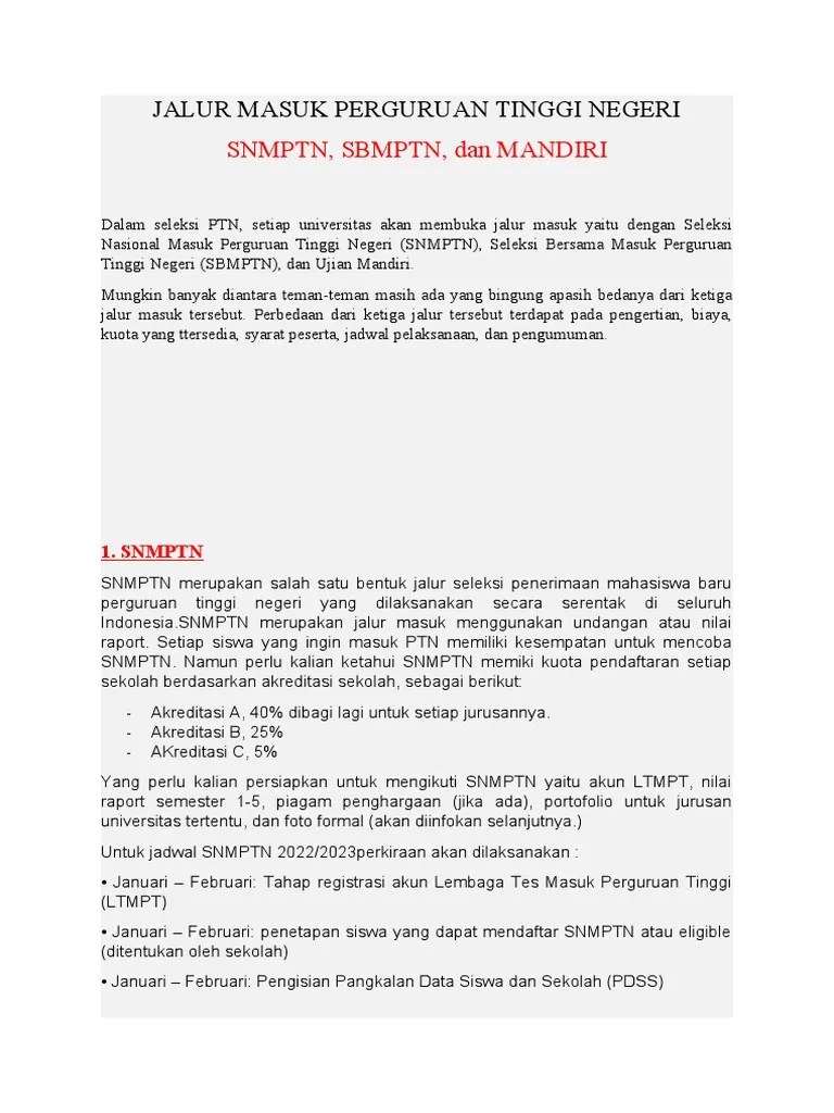 Jalur Masuk Perguruan Tinggi Negeri | PDF