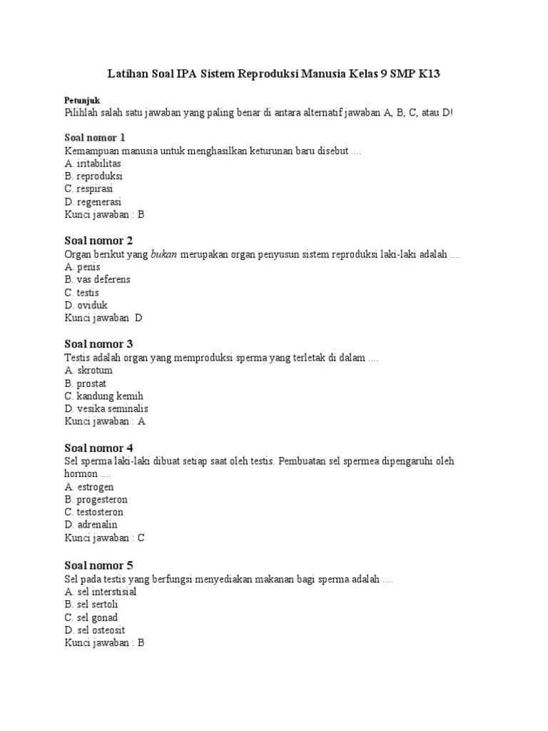 Berisi kumpulan soal biologi saintek yang lengkap banget untuk belajar sbmptn & simak ui. Latihan Soal Ipa Sistem Reproduksi Manusia Kelas 9 Smp K13 Pdf