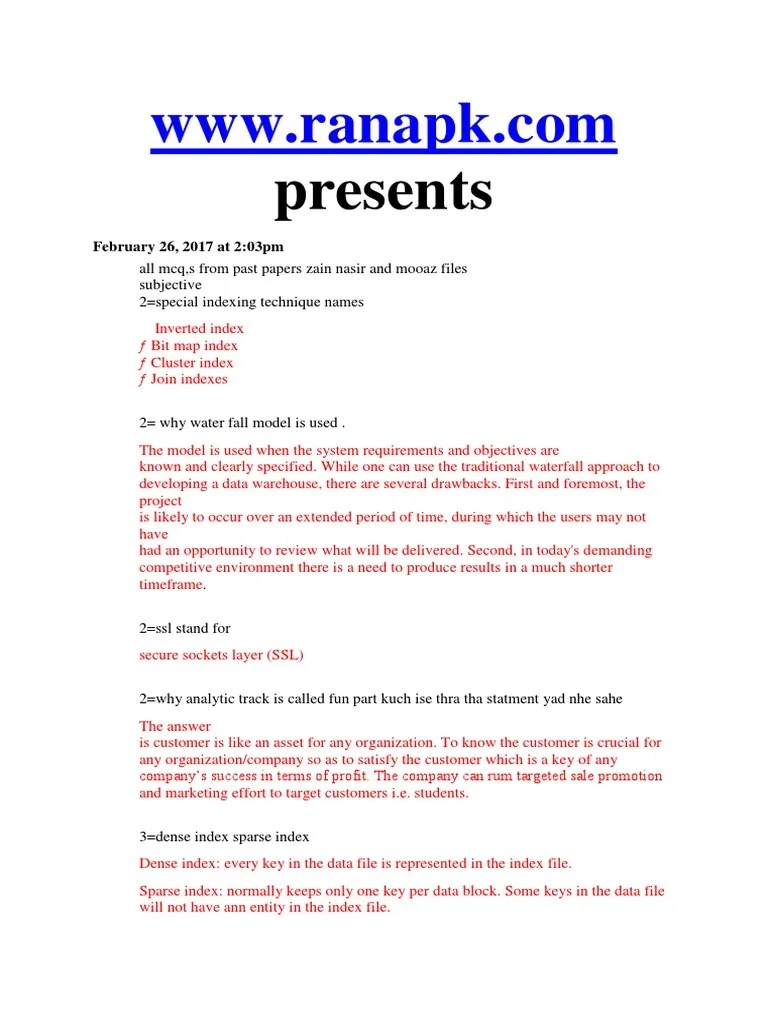 CS614 FinalTerm Solved Papers | PDF | Database Index | Data Warehouse