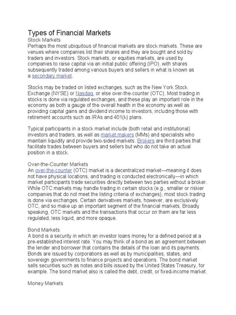 Types Of Financial Markets | PDF | Financial Markets | Commodity Markets