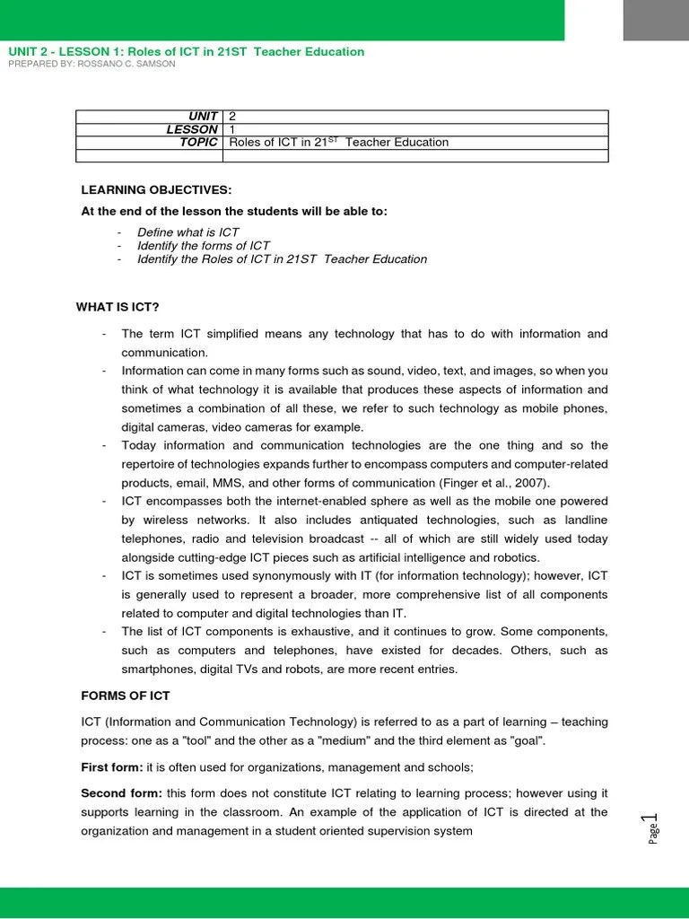 Unit 2 Lesson 1 TOPIC Roles Of ICT In 21 | PDF | Educational Technology ...