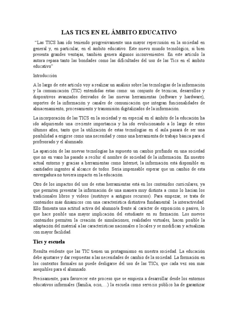 Las Tics En El Ámbito Educativo | PDF | Tecnología De Información Y Comunicaciones | Maestros