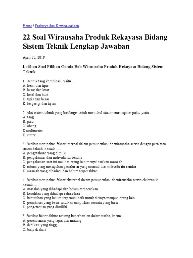 Berikut faktor internal dalam pemunculan ide usaha kerajinan produk grafika, kecuali. 22 Soal Wirausaha Produk Rekayasa Bidang Sistem Teknik Lengkap Jawaban Pdf