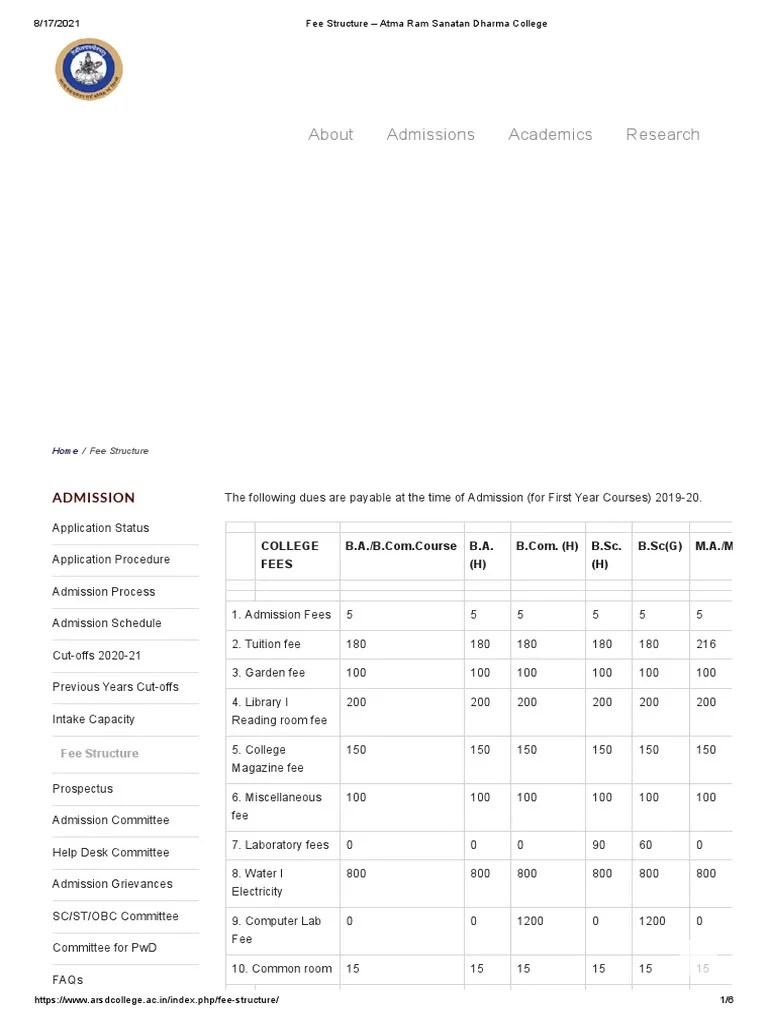 Fee Structure - Atma Ram Sanatan Dharma College | PDF | Fee