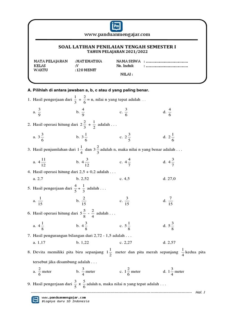 Soal PTS Matematika Kelas 5 Semester 1 | PDF