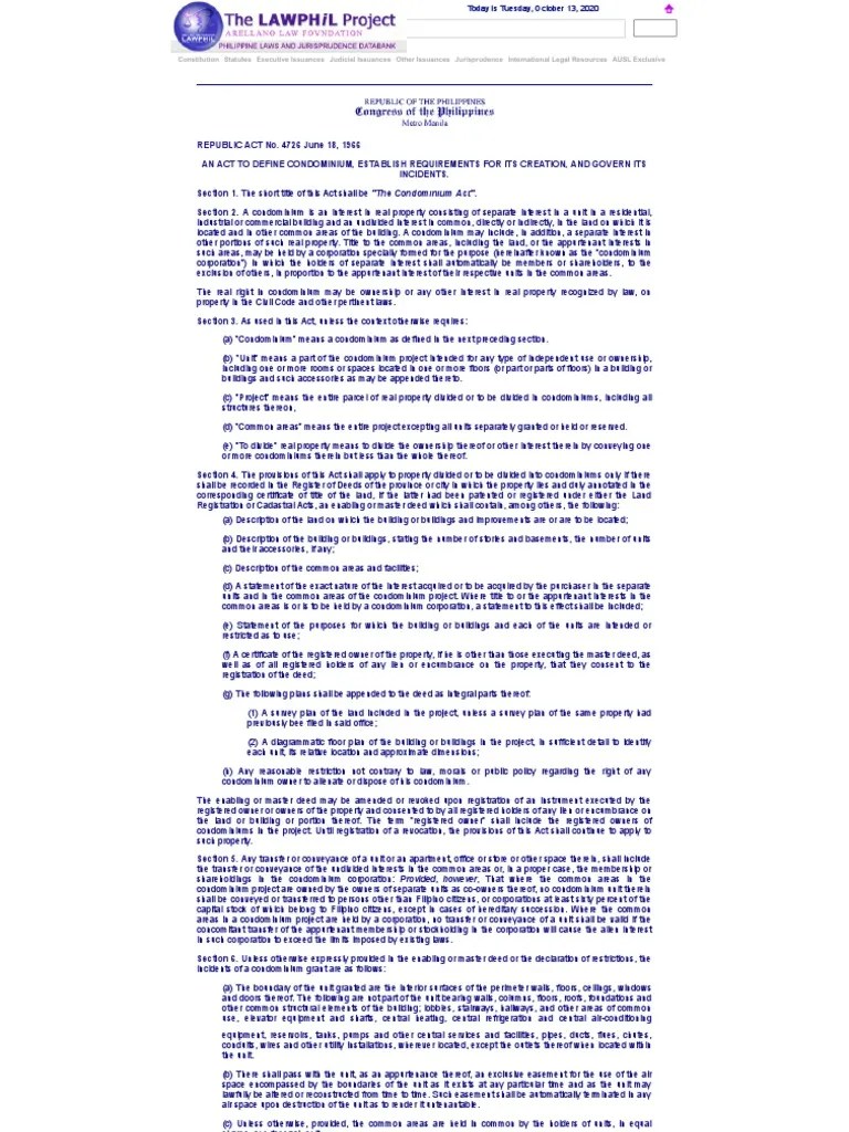 Republic Act No. 4726 | PDF | Condominium | Corporations