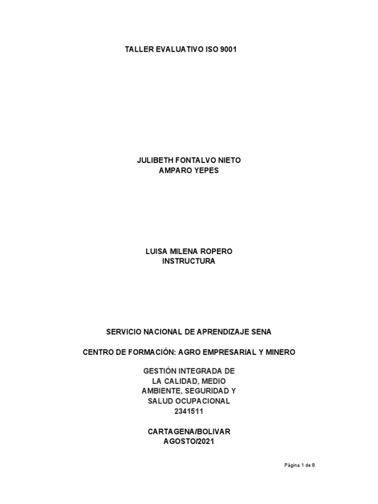 Evaluacion Taller ISO 9001 | PDF | Gestión De La Calidad | Calidad ...