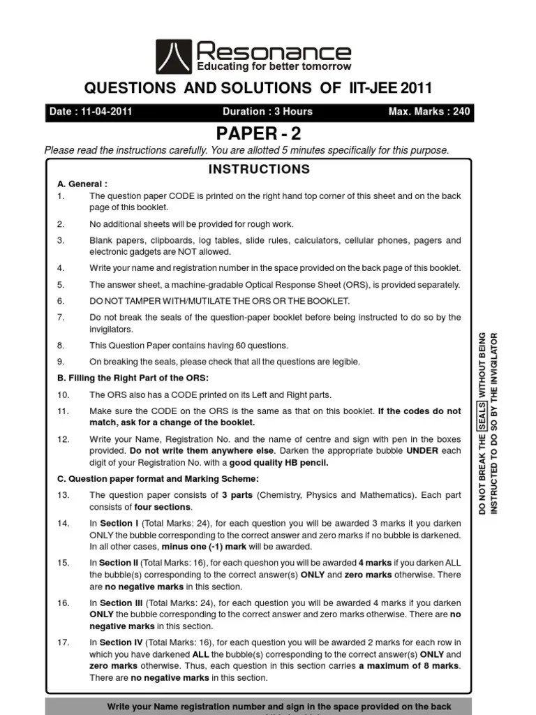 IIT-JEE 2011 Paper2 Solutions English | Download Free PDF | Waves | Chemical Reactions