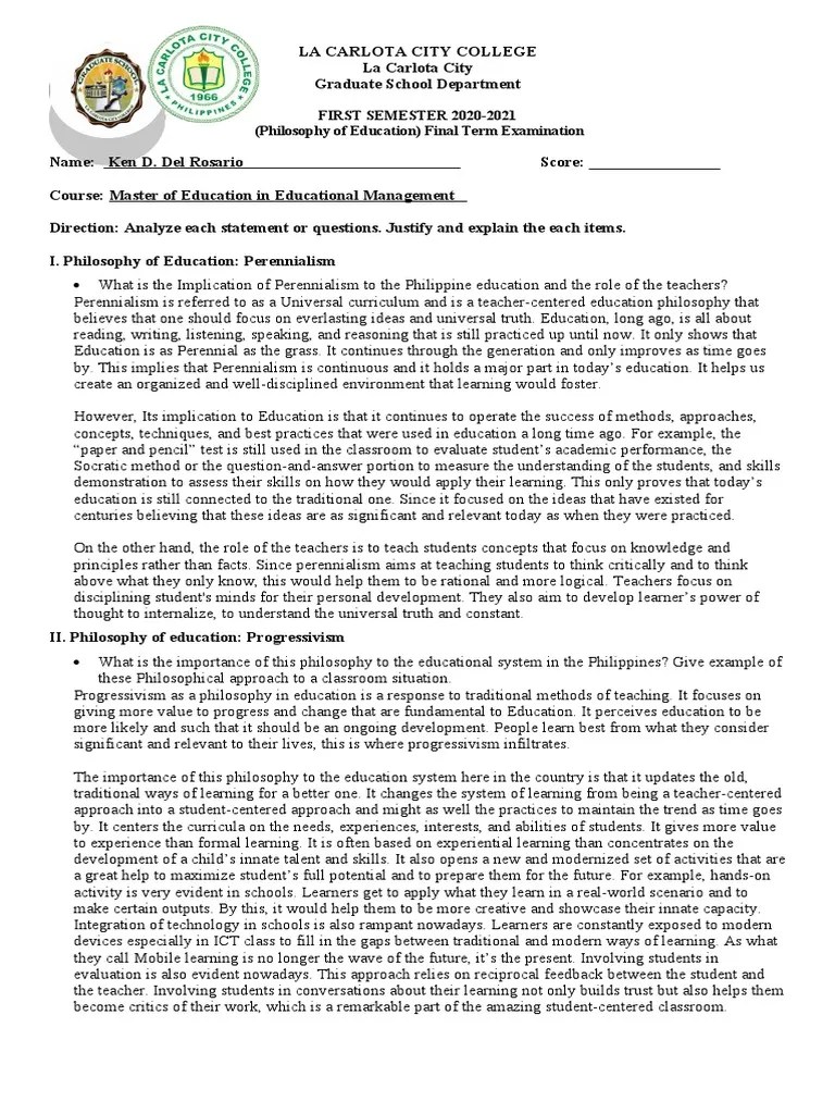 FIRST SEMESTER 2020-2021 (Philosophy Of Education) Final Term Examination | PDF | Pragmatism ...