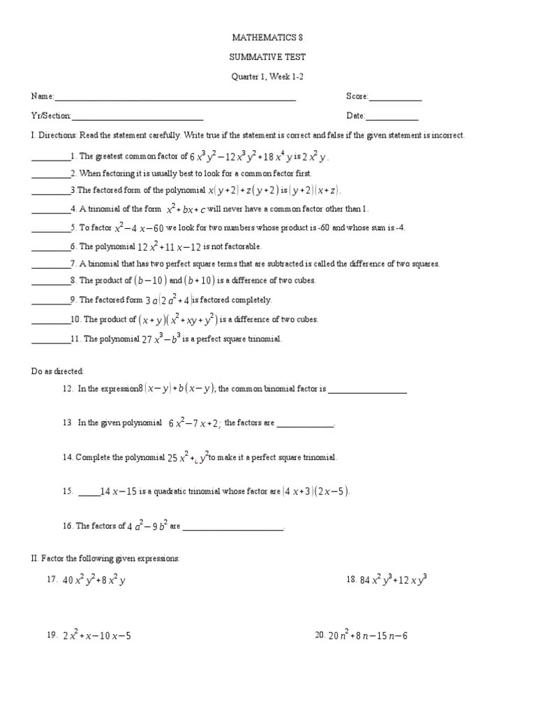 Factorization And Applications: A Summative Assessment On Factoring ...