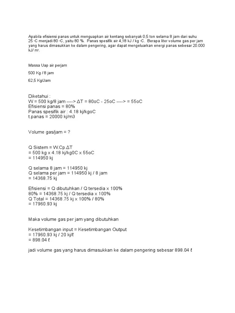Apabila Efisiensi Panas Untuk Menguapkan Air Kentang Sebanyak 0 | PDF