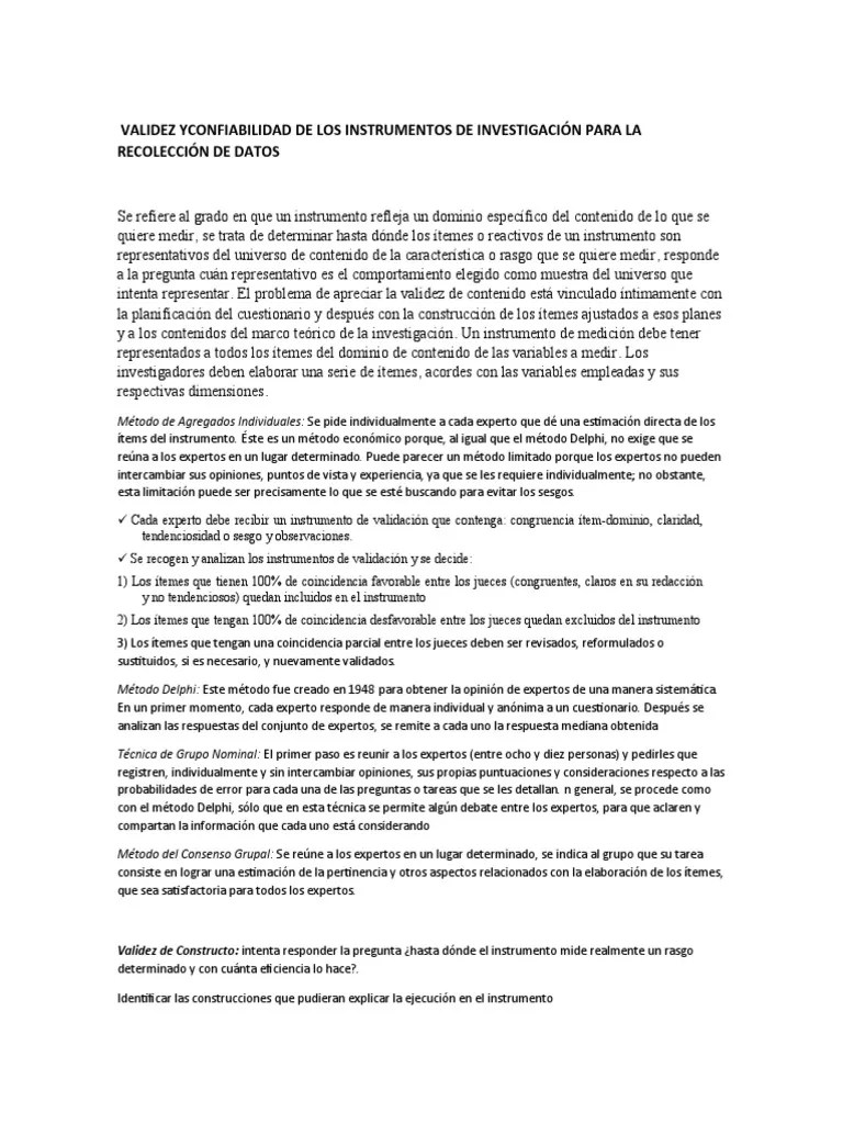 Validez Yconfiabilidad De Los Instrumentos De Investigación Para La ...