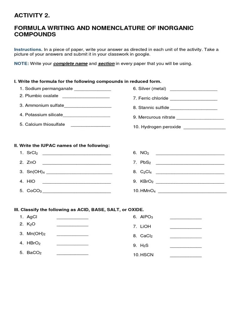 Activity 2 - Formula Writing And Nomenclature Of Inorganic Compounds | Download Free PDF | Salt ...