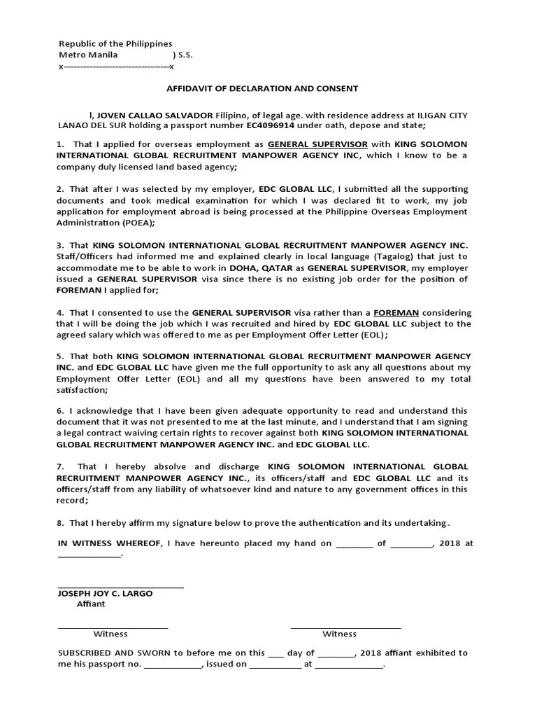 Affidavit Of Declaration And Consent | PDF | Affidavit | Document