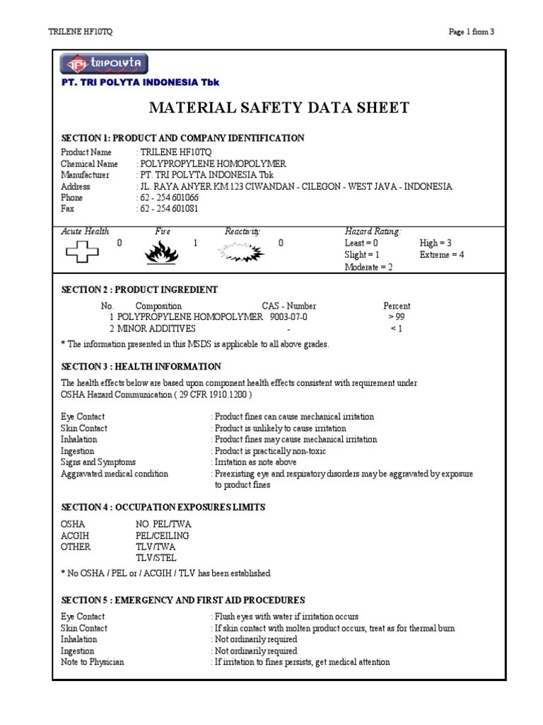 Material Safety Data Sheet: Pt. Tri Polyta Indonesia TBK | PDF | Fires ...