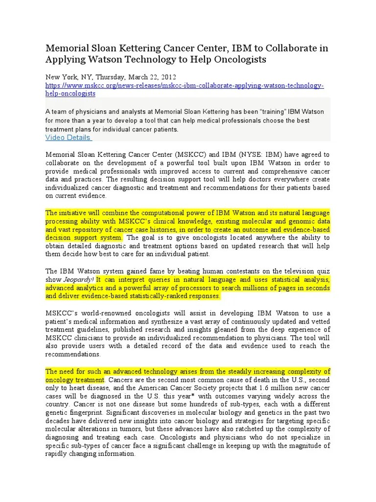 Memorial Sloan Kettering Cancer Center, IBM To Collaborate In Applying Watson Technology To Help ...