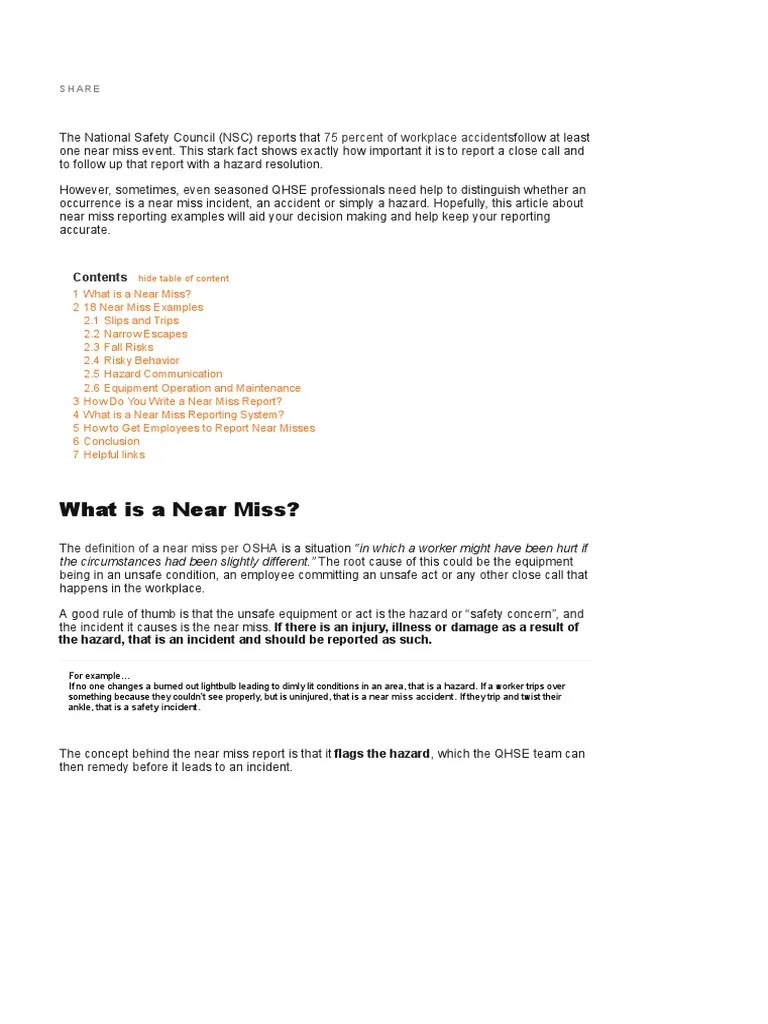 Report Near Misses To Prevent Workplace Accidents | PDF | Occupational Safety And Health ...