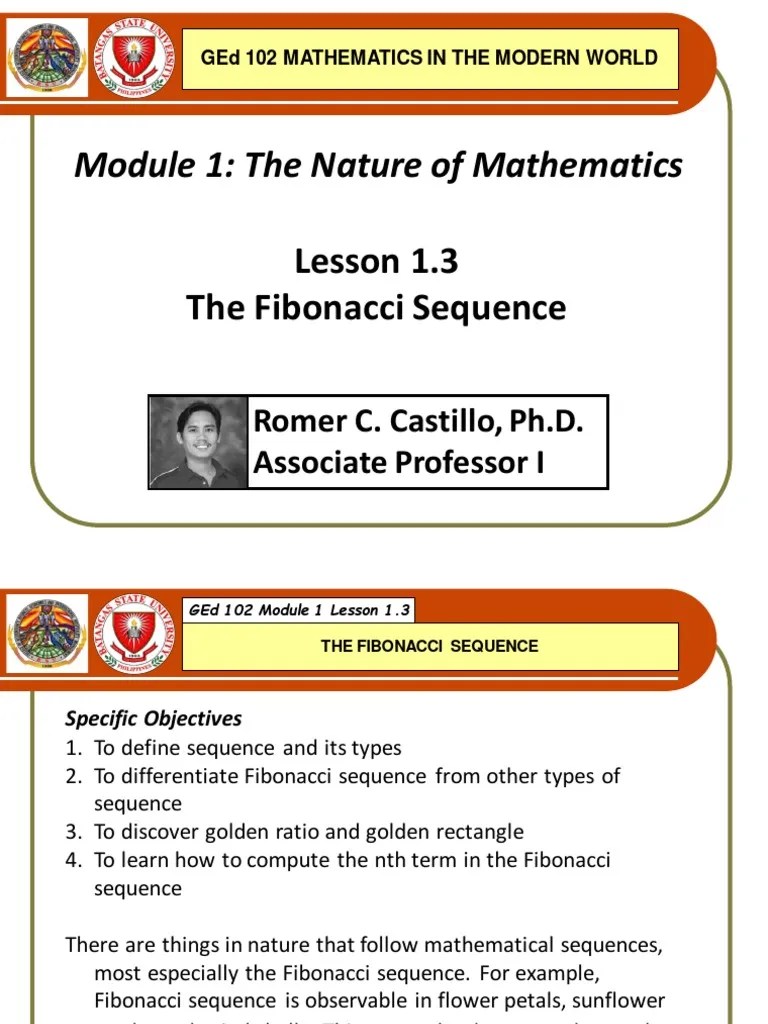 Module 1: The Nature Of Mathematics: Lesson 1.3 The Fibonacci Sequence ...