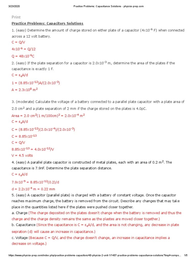 Print: Practice Problems: Capacitors Solutions | PDF | Capacitor | Series And Parallel Circuits