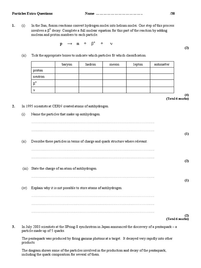Particle Physics Extra Questions: Document Providing Multiple Choice Questions And Free Response ...