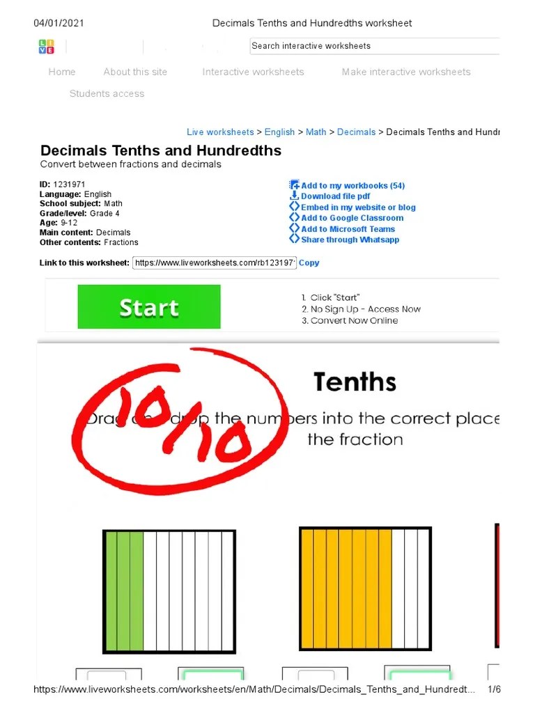 decimals tenths and hundredths worksheet pdf