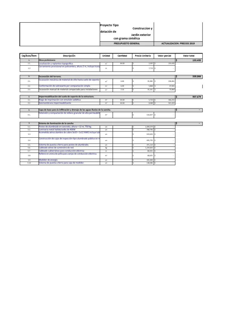Presupuesto Cancha Sintetica | PDF | Asociación De Futbol | Ingeniería De Edificación