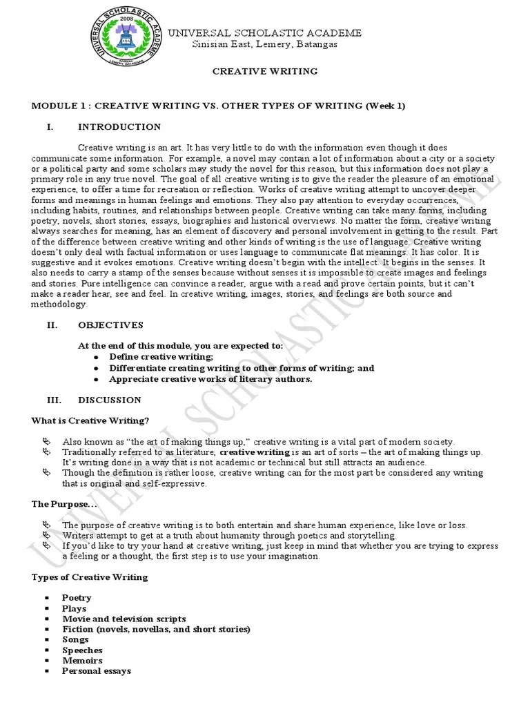 Module 1 Creative Writing Vs. Other Writing | PDF | Creative Writing ...
