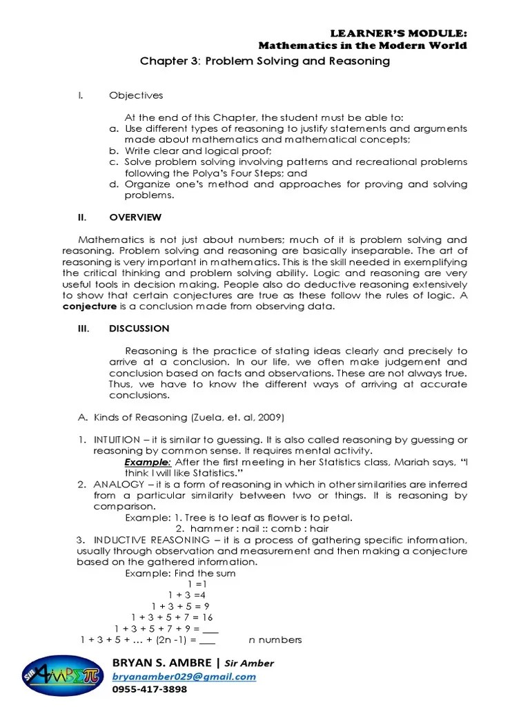 Chapter 3: Problem Solving And Reasoning: Learner'S Module: Mathematics ...