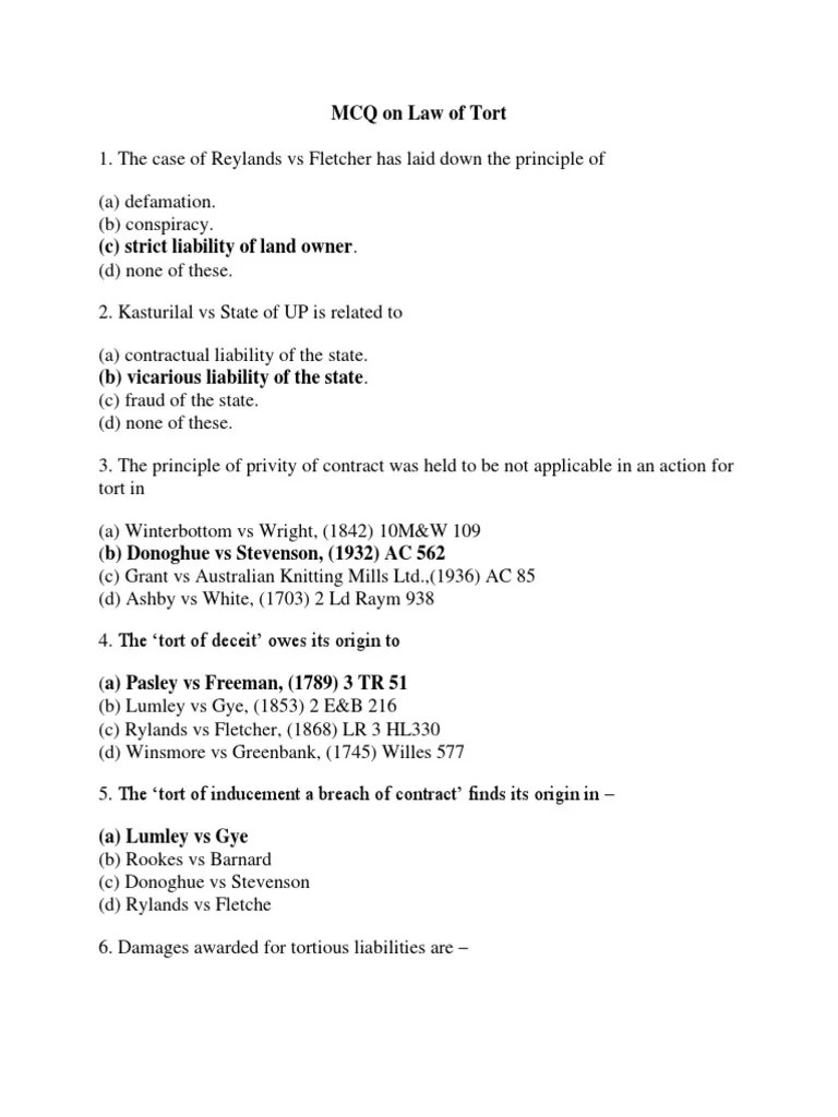 MCQ On Law Of Tort | PDF | Tort | Negligence