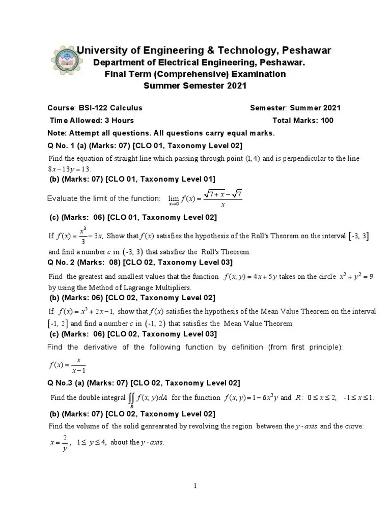 Final Term Examination In Calculus: Questions Covering Limits ...