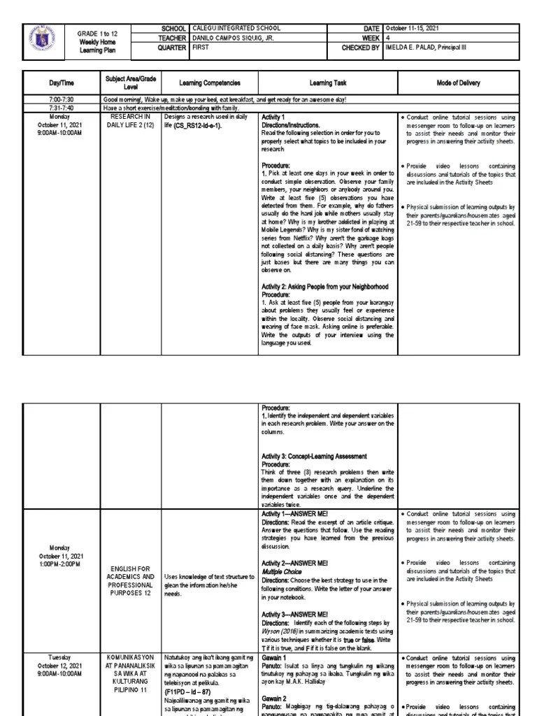 Weekly Home Learning Plan - Week 4 | Download Free PDF | Learning | Cognition