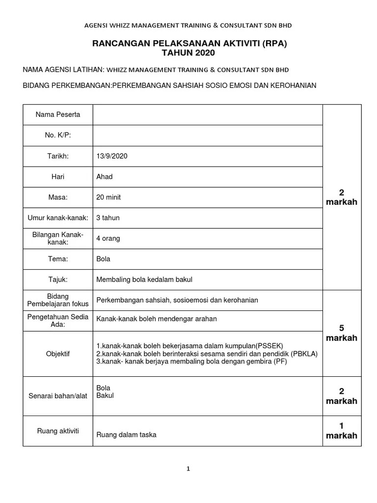Rpa aktiviti perkembangan bahasa komunikasi dan literasi awal rancangan pelaksanaan aktiviti taska (slot pengajaran) kelas : Contoh Rpa Ssek Pdf