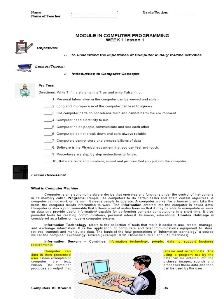 Module In Computer Programming WEEK 1 Lesson 1 | PDF | Computer Hardware | Software