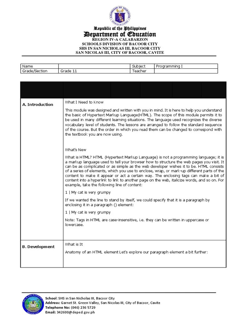 Quarter 1 Week 1 - Computer Programming 1 | PDF | Html Element | Html