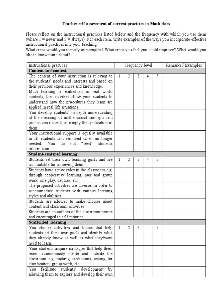 Teacher Self-Assessment Of Current Practices In Math Class | PDF | Learning | Educational Assessment