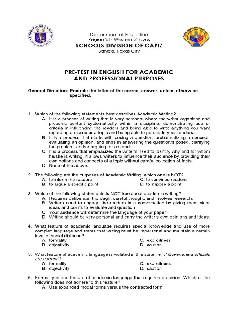 Pre Test Grade 11 English For Academic And Professional Purposes | PDF | Adolescence | Plagiarism