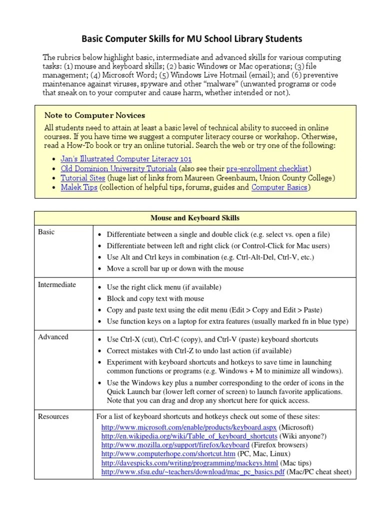 Basic Computer Skills Checklist | PDF | Finder (Software) | Computer File