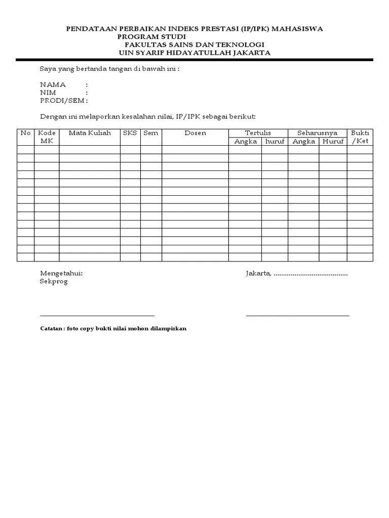Gambar form edit nilai mata kuliah. Form Perbaikan Nilai Pdf
