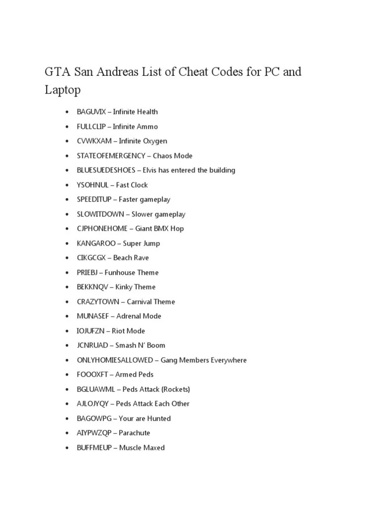 GTA San Andreas List Of Cheat Codes For PC And Laptop PDF Transport 1