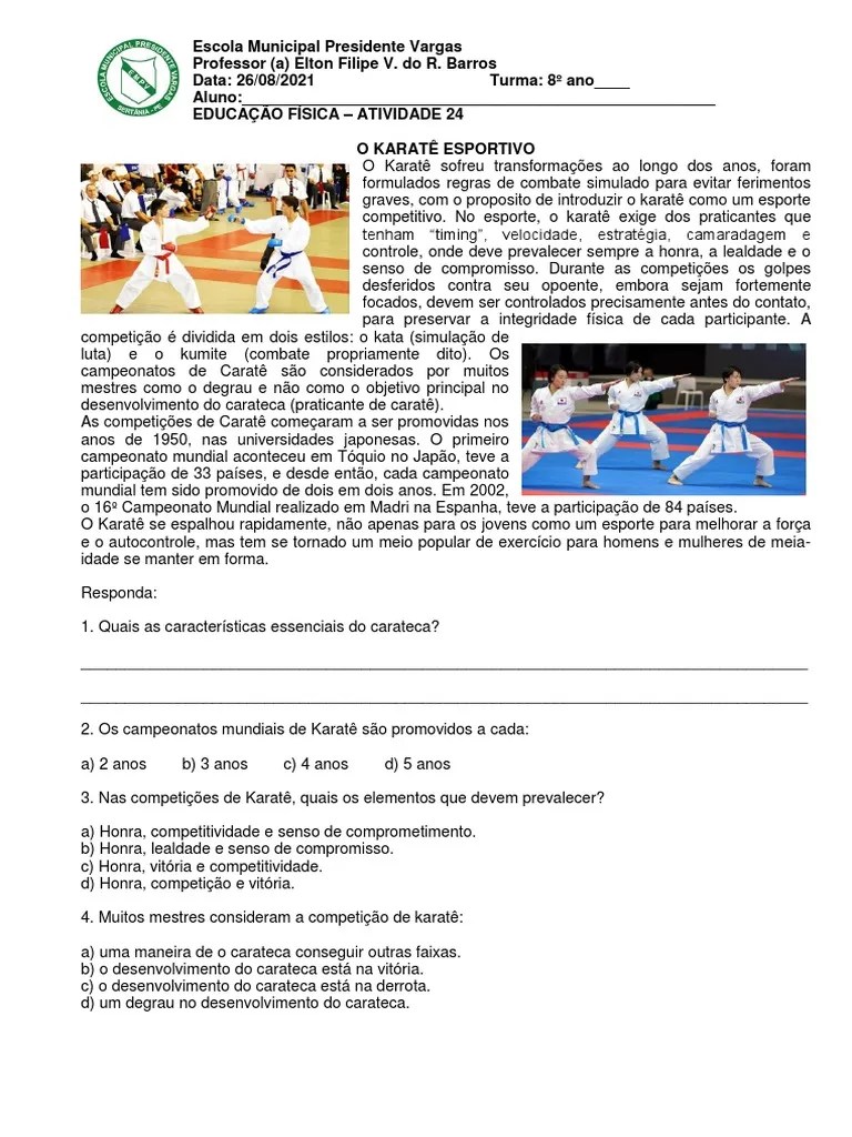 Atividade 24 - Educação Física - 8 Ano - 26.08.2021 | PDF | Karatê | Esportes De Combate
