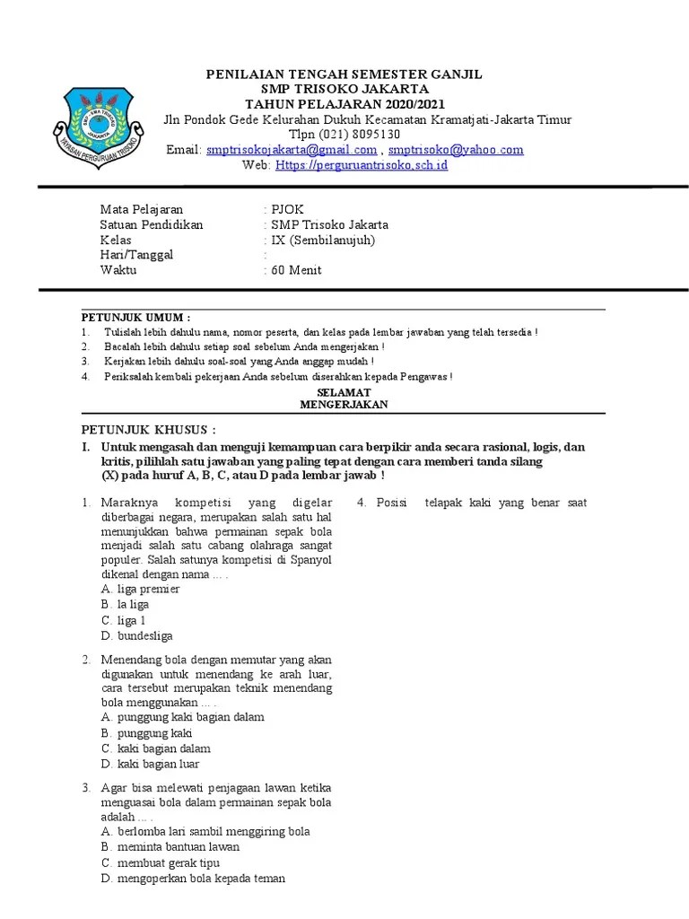 Soal Pts 1 Pjok Kelas Ix k13 | PDF