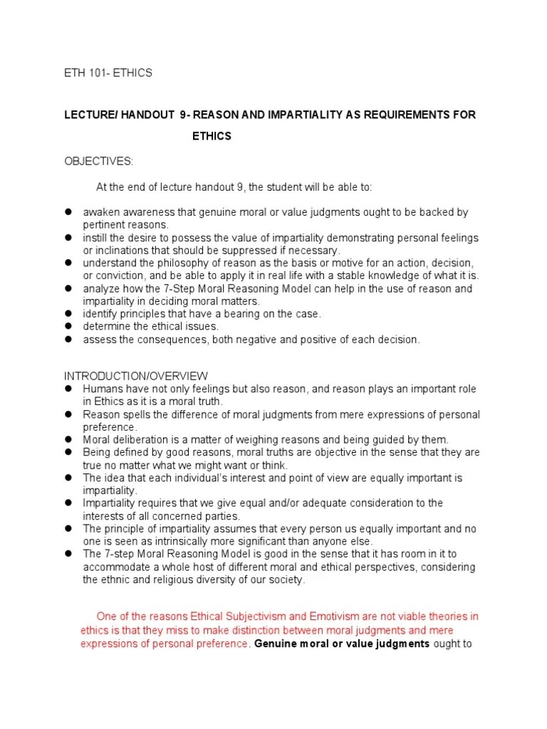 MODULE 9 - Reason And Impartiality As Requirements For Ethics | PDF | Reason | Morality