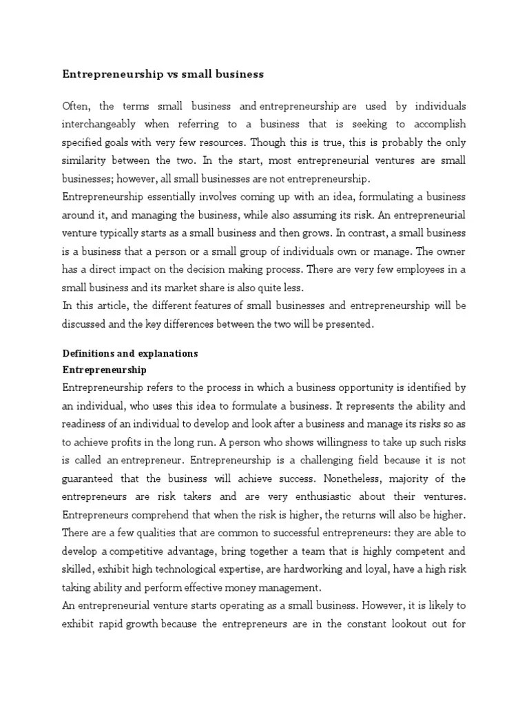 A Comprehensive Comparison Of Entrepreneurship And Small Business | PDF ...