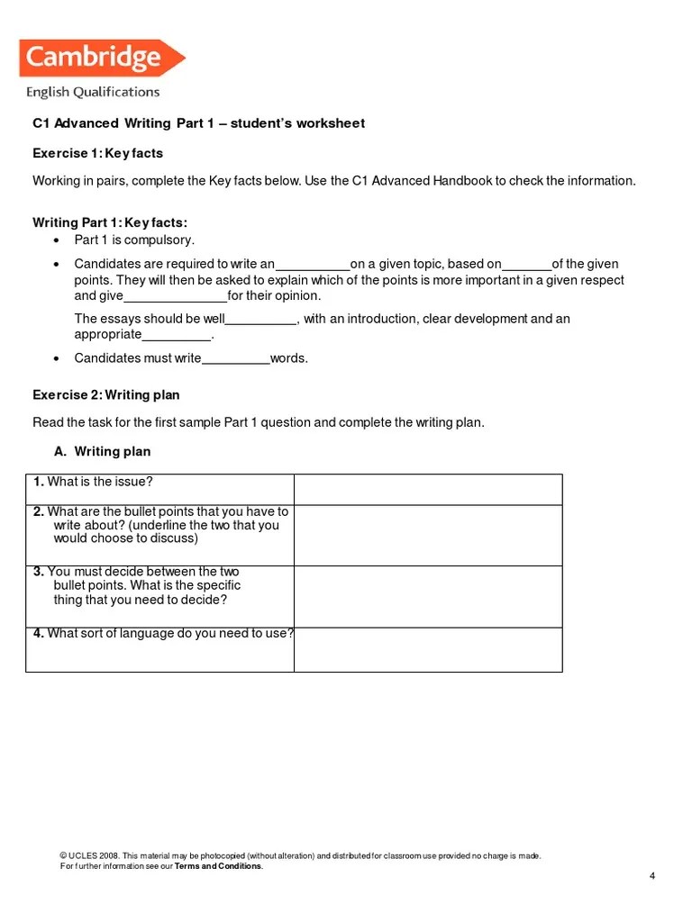 C1 Advanced Writing Part 1 - Student's Worksheet: Exercise 1: Key Facts ...