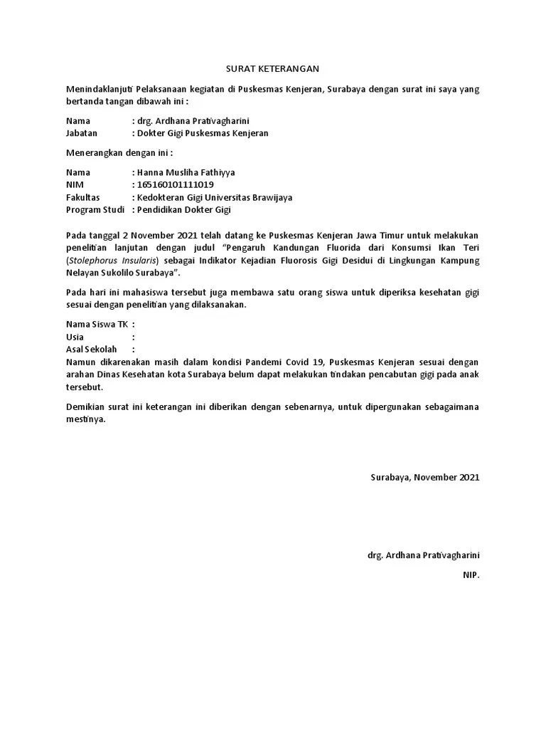 Surat Keterangan Puskesmas Kenjeran | PDF