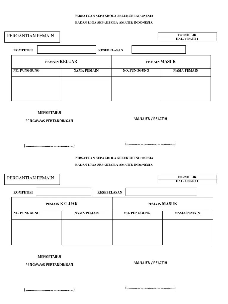 Form Pergantian Pemain Sepak Bola | PDF