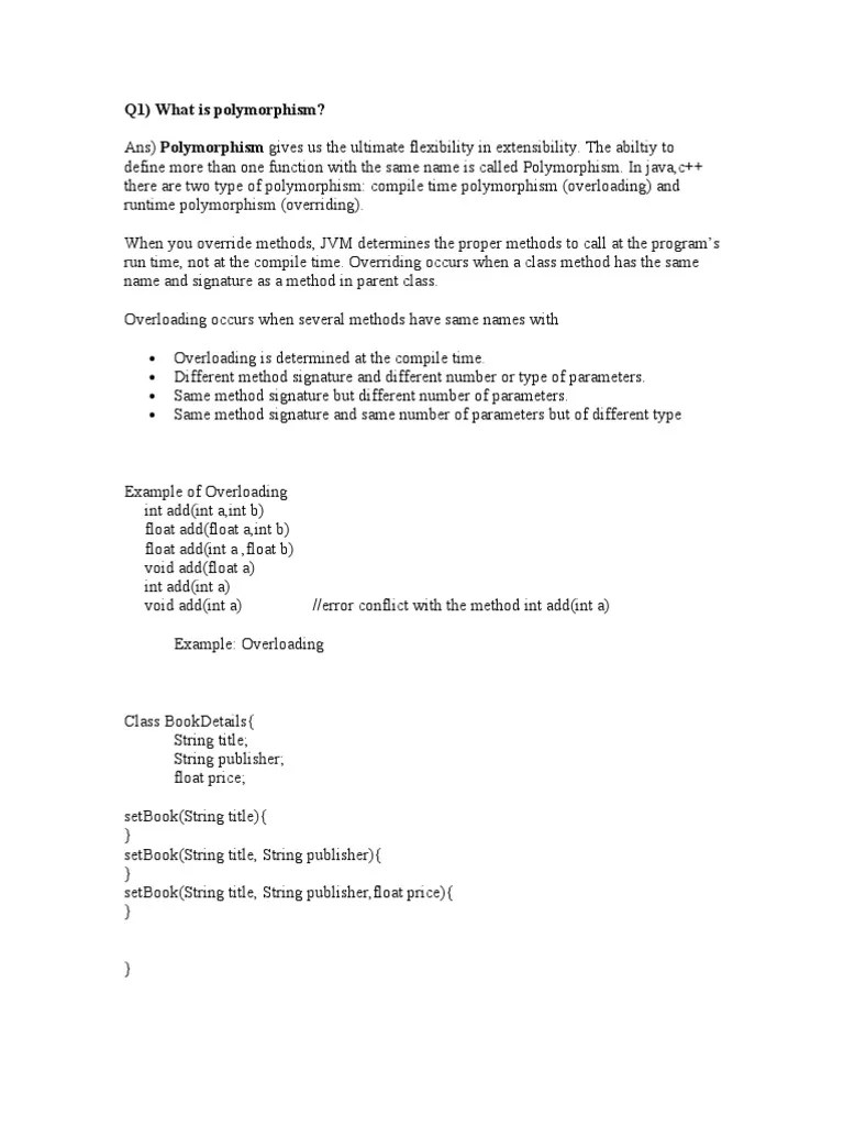 Q1) What Is Polymorphism? | PDF | Class (Computer Programming ...