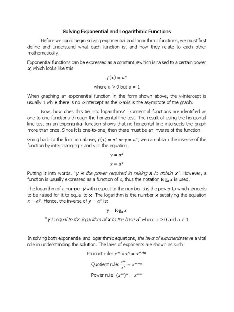 Solving Exponential And Logarithmic Functions | PDF | Logarithm ...