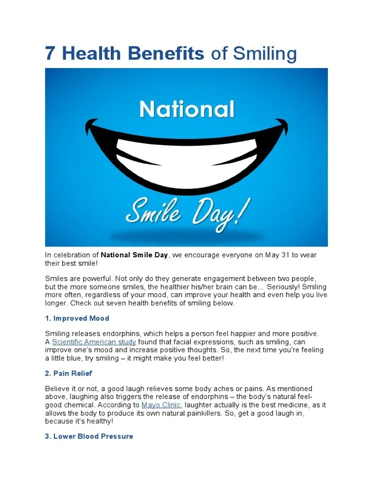 7 Health Benefits Of Smiling | PDF | Laughter | Heart